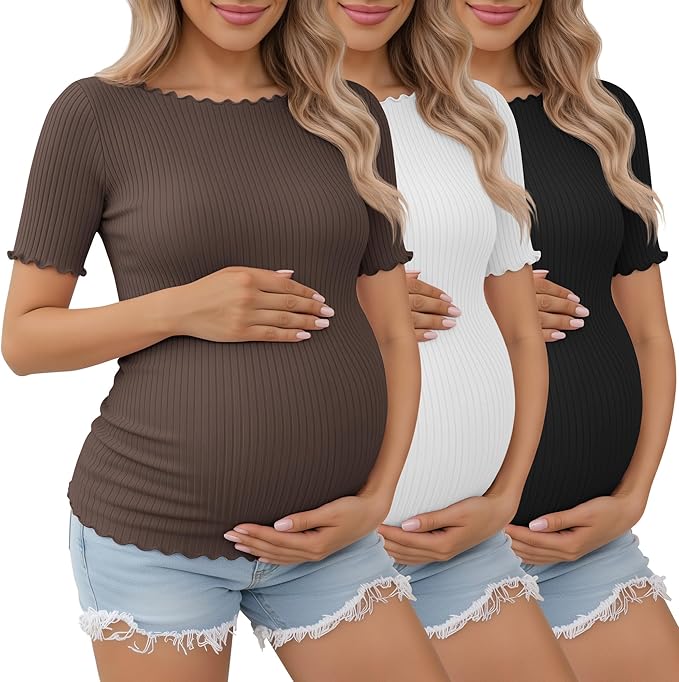 3 Pack Women's Maternity Ribbed Shirts Cotton Short Sleeve Pregnancy Tops Boat Neck Lettuce Trim Mama Clothes