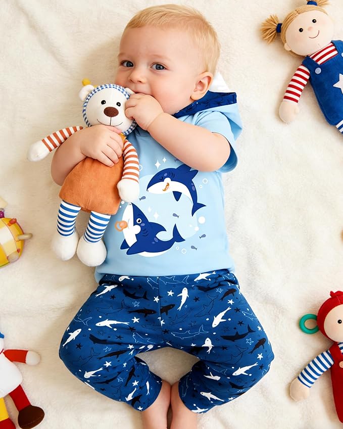 Newborn Boy Summer Outfits Animal Print Short Sleeve Romper with Hoodie & Pants Infant Clothing Set