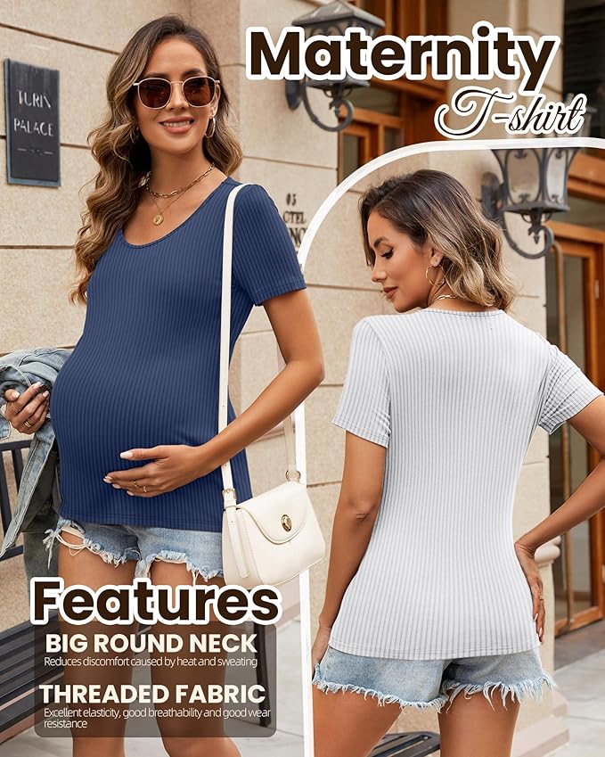Neer 3 Pack Women's Ribbed Maternity Tops Pregnancy Round Neck Shirts Short Sleeve Soft Maternity Clothes for Mama