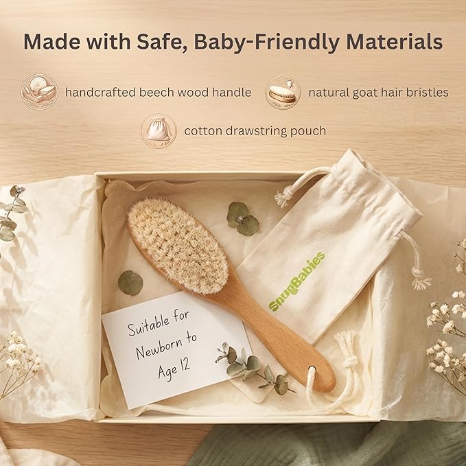 Wooden Baby Hair Brush with Natural Goat-Hair Bristles - Ultra Soft Baby Brush for Newborns & Infants with a Cotton Travel Pouch - Helps with Cradle Cap Care - 21cm Easy Grip Beech Wood Handle