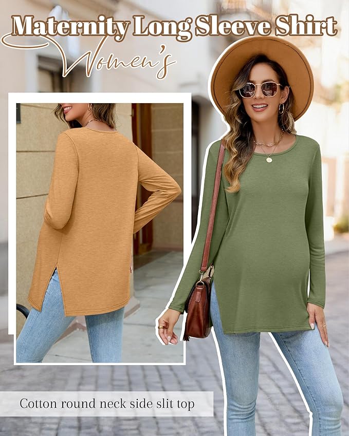 Riyiper 3 Pack Women's Maternity Long Sleeve T-Shirts Round Neck Side Split Tops Loose Casual Pregnancy Mama Clothes Fall