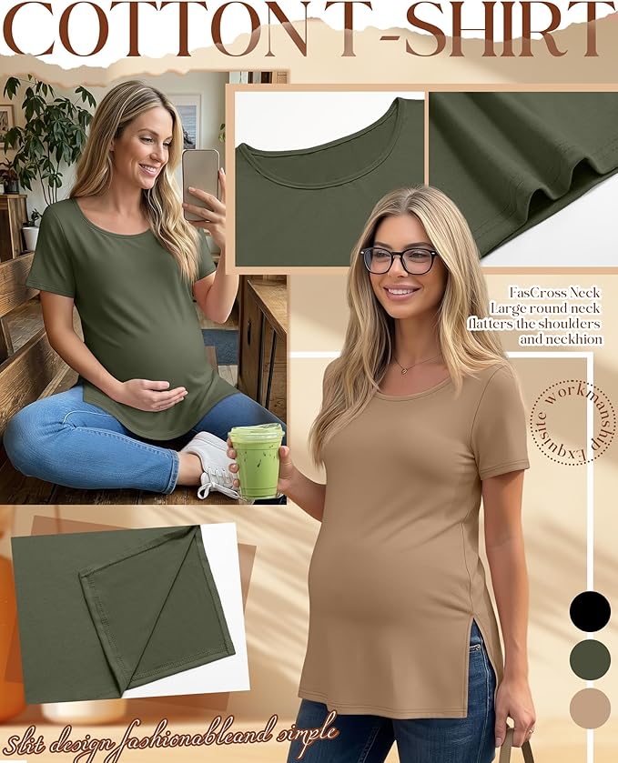 3 Pack Women's Maternity Shirts Short Sleeve Round Neck Side Split Pregnancy Tops Loose Summer Casual Mama Clothes