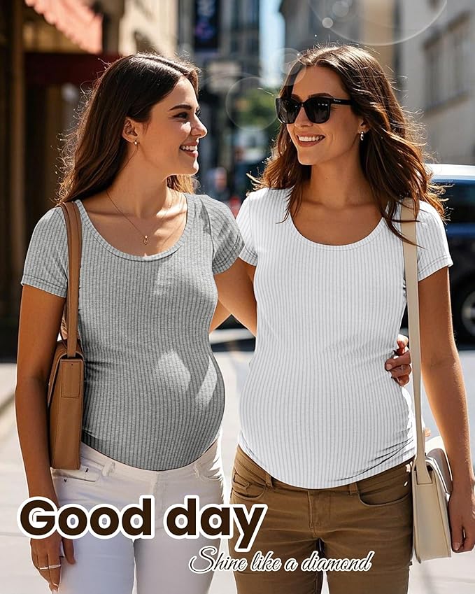 Neer 3 Pack Women's Ribbed Maternity Tops Pregnancy Round Neck Shirts Short Sleeve Soft Maternity Clothes for Mama