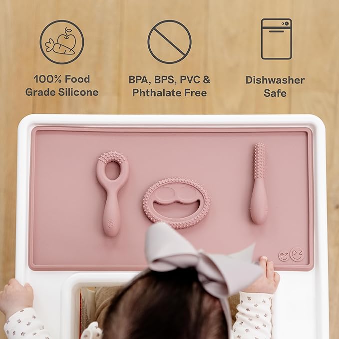 ezpz Oral Development Tools (3 Pack in Pewter) - 3 Months+ - Non-Slip Loop, Smile and Stick 100% Silicone Tools - Prepare for Chewing + Solids - Baby-Led Weaning Supplies