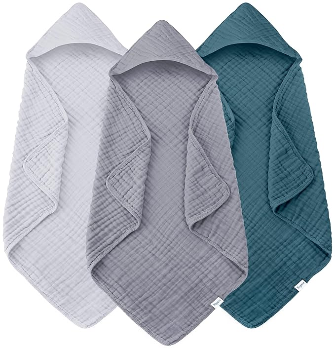 Muslin Hooded Baby Bath Towels - 3 Pack 100% Cotton Ultra-Soft Towels for Newborns, Infants, Toddlers - 32x32 Inch - Highly Absorbent, Quick-Dry Essentials for Bath, Beach, Pool, Grey Blue Series