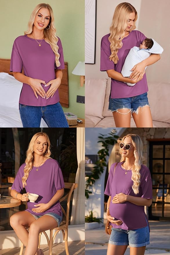 Ekouaer Maternity Shirts 3 Packs Short Sleeve Womens Oversized Pregnancy Tops Split Side Postpartum Blouse Clothes S-XXL