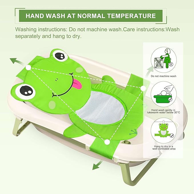 Baby Bath Seat Support Net, Quick Drying, Adjustable, Comfortable, Non-Slip, Infant Bathtub Sling Shower Mesh for a Tub, Soft Newborn Bath Mat (Green Frog)