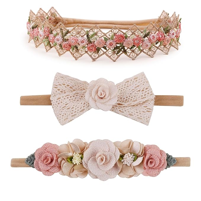 cherrboll 3pcs Baby Girl Headbands Flowers, Super Soft & Stretchy Nylon Floral Hairbands for Newborn Toddler
