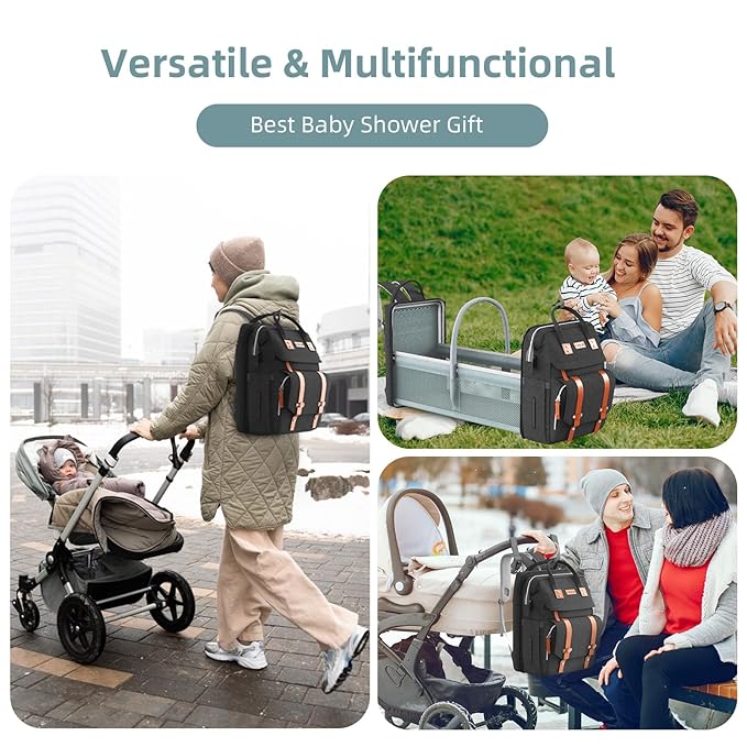 Diaper Bag Backpack with Changing Station, Large Diaper Bag, Baby Bag, Black Diaper Bag, Black