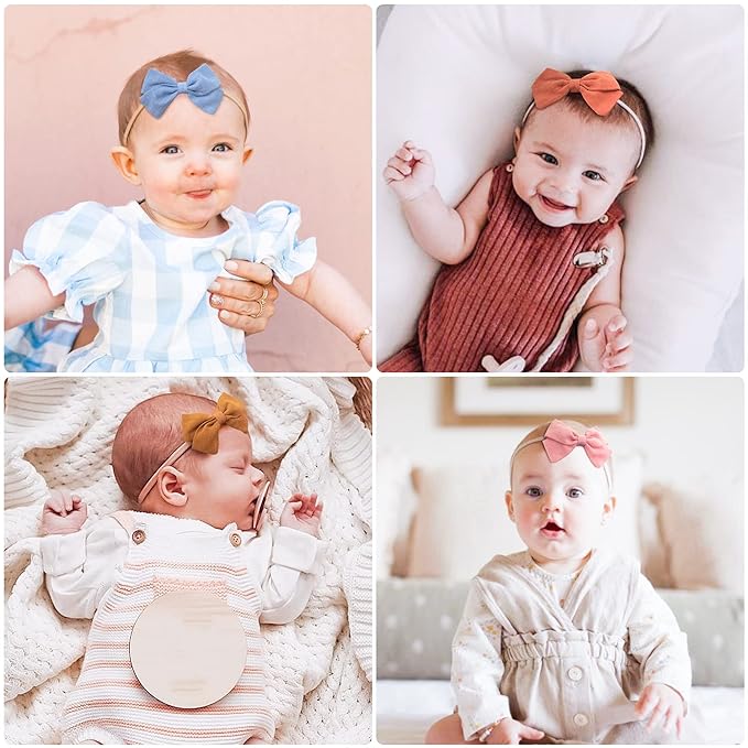 Jesries 30 Pcs Baby Headbands Girls Hair Bows Nylon Hairbands with Linen Bows Handmade Head Accessories for Infant Newborn Toddlers Kids