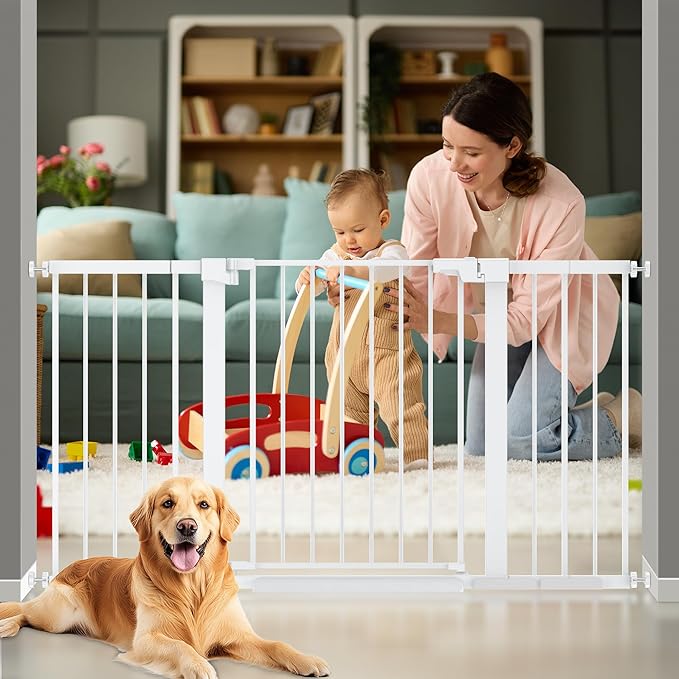 29-57 inches Extra Wide Metal Baby Gate for Stairs/Doorways, 30 inches Tall Pressure Mounted Pet Gates, Auto-Close Child Safety Gate, No Drilling Easy Walk-Through Dog Gate Indoor, White
