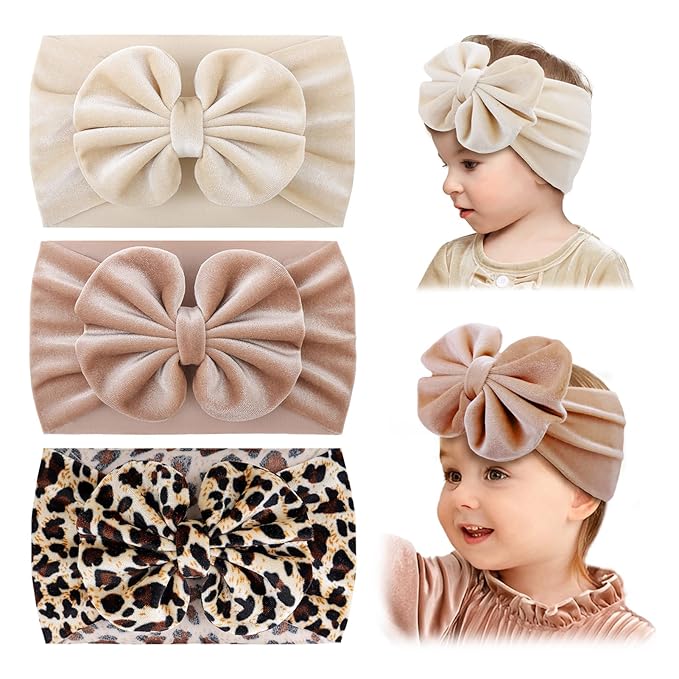 YanJie Baby Girl Headbands with Bows, Soft Elastics Handmade Velvet Hairbands and Accessories for Infant Toddlers Kids in Khaki, Beige, Leopard