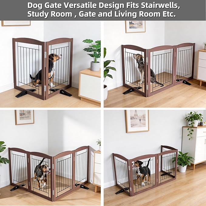 ZJSF Freestanding Dog Fence Indoor, Foldable Dog Gate for Doorways, Stairs or Hallways, Sturdy Wood Extra Wide Pet Gate with Support Feet for The House, Brown, 32 "Height-2 Panels