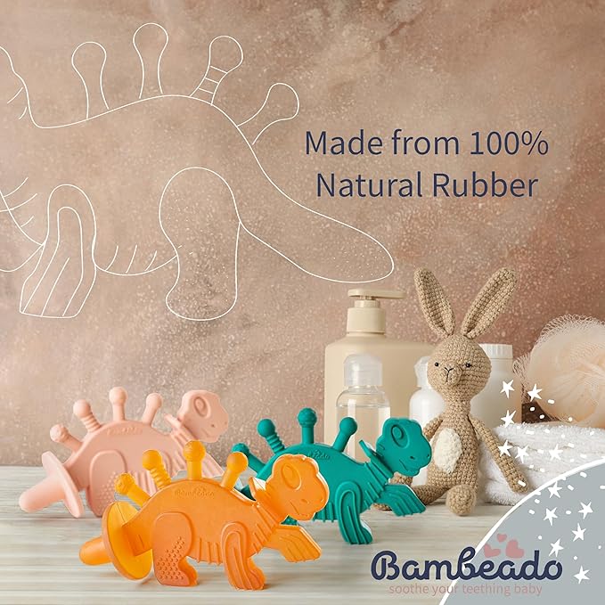Bambeado Baby Teether Toy: Dibly - The Dino Baby Teething Toys BPA-Free Teethers Inspired by Nature with Natural Rubber Pacifier