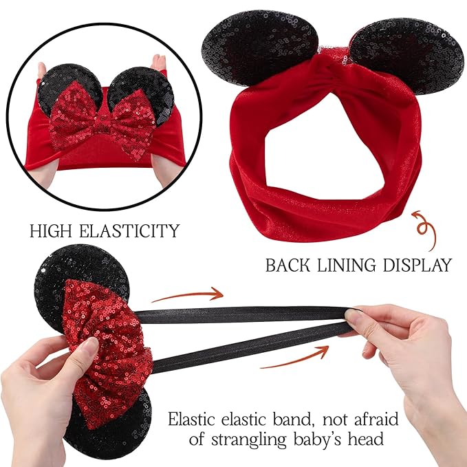 choicbaby Baby Girl Headbands Mouse Ears Headwrap with Sequin Polka Dot Bow Soft Stretchy Nylon Hair Bands for Newborn Infant Baby Toddler Girls- Pack of 2