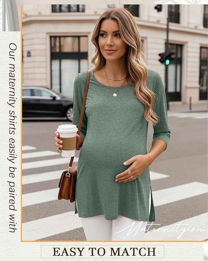 3 Pack Women's 3/4 Sleeve Maternity Shirts Elbow Length Clothes Round Neck Tunics Pregnancy Loose Side Split Tops
