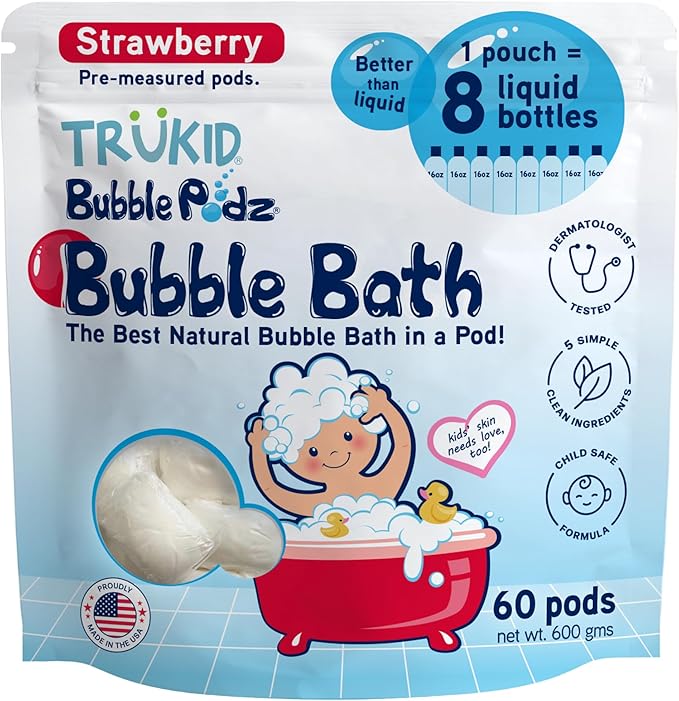 TruKid Bubble Podz Bubble Bath for Kids, Toddlers, & Babies, Tear Free Gentle & Refreshing Bath Bomb for Sensitive Skin with Natural Moisturizers, Non-Toxic, pH Balanced, Strawberry Scent (60 Podz)