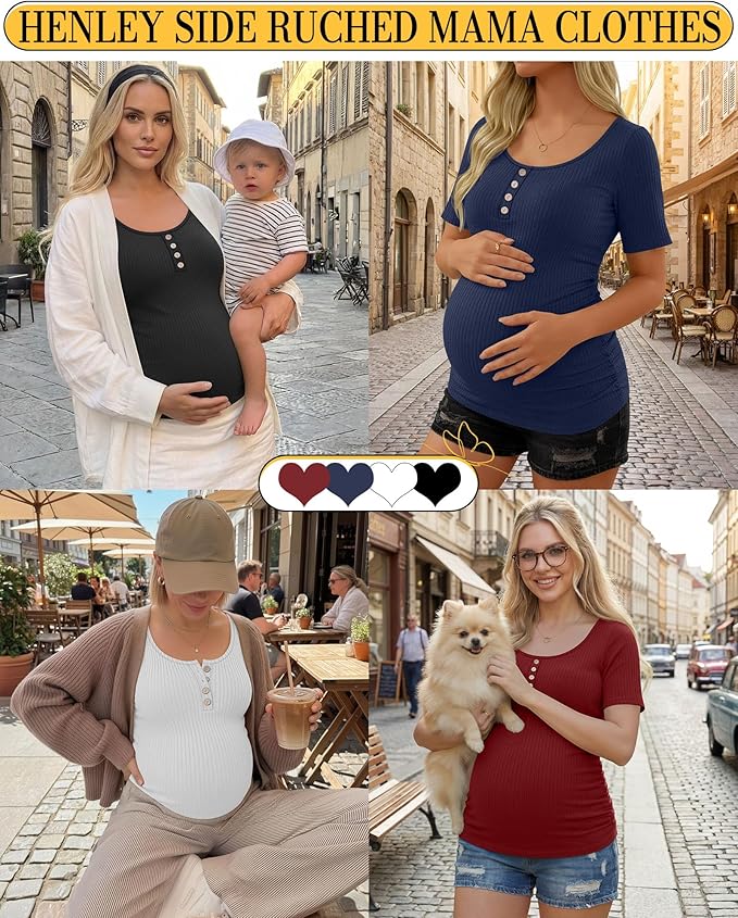 4 Pack Womens Maternity Shirts Scoop Neck Cotton Short Sleeve Ribbed Pregnancy Top Henley Side Ruched Mama Clothes