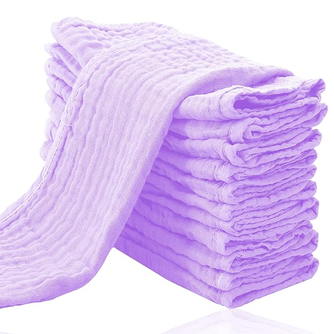 Cute Castle 12 Pack Muslin Burp Cloths for Baby - Ultra-Soft 100% Cotton Baby Washcloths - Large 20'' by 10'' Super Absorbent Milk Spit Up Rags - Burpy Cloths for Unisex, Boy, Girl - Purple