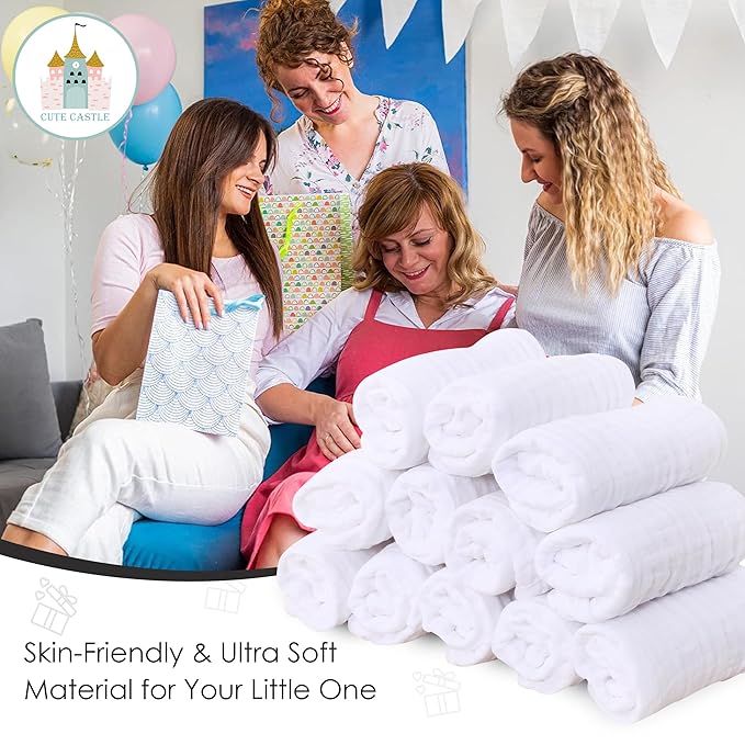 Cute Castle 12 Pack Muslin Baby Washcloths - Large 12'' by 12'' - Ultra Soft 100% Cotton - Super Absorbent Burp Cloths for Unisex, Boy, Girl -White