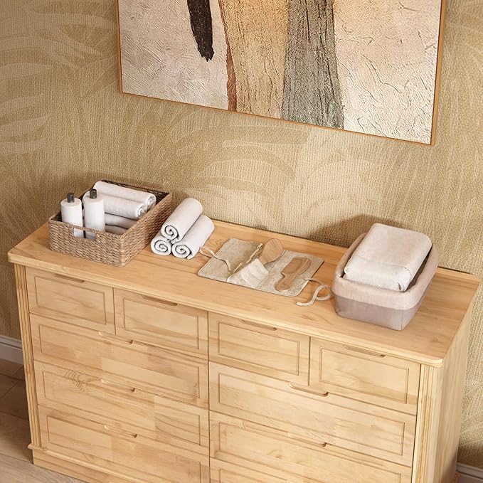 Homsee Baby Changing Table Dresser, 100% Solid Wood Infant Diaper Changing Station Combo, 10-Drawer Baby Nursery Dresser with Removable Tray for Children's Room Bedroom, Nature Color 55.1"W