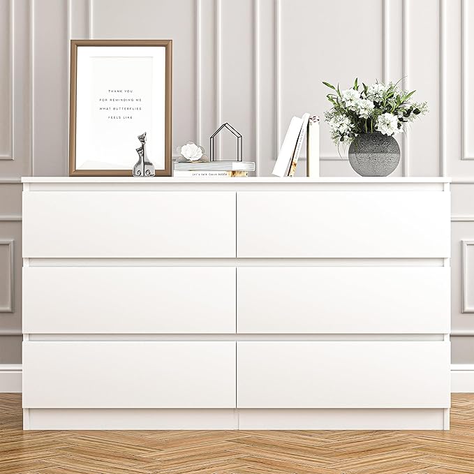 White 6 Drawer Dresser for Bedroom,Modern Deep Drawer Dresser with No-Handle Design,Wide Storage Chest of Drawers,Wood Bedroom Storage Organizer Furniture for Closet,Hallway