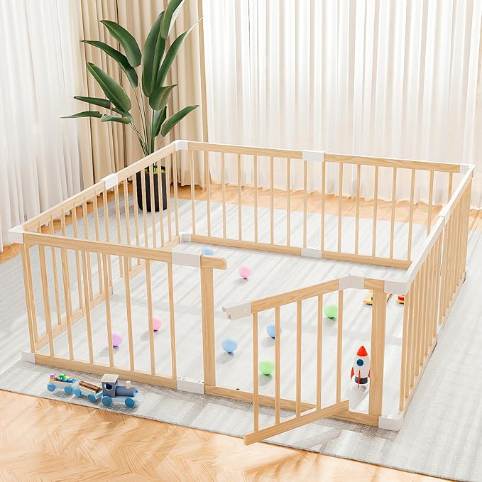 Baby Playpen,Wooden and Toddler Playpen,Play Pen for Babies and Toddlers Kids Indoor,Wooden Babies with Locking Baby Gate,Easy to Assemble,Play Pen Area Indoor(53x53x24 Inch)