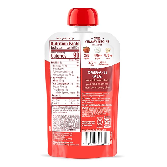 HAPPYTOT Organics Stage 4 Baby Food Pouches, Gluten Free, Super Morning Fruit & Oat Blend, Apple, Cinnamon, Yogurt, Oats & Chia, 4 Oz (Pack of 8)