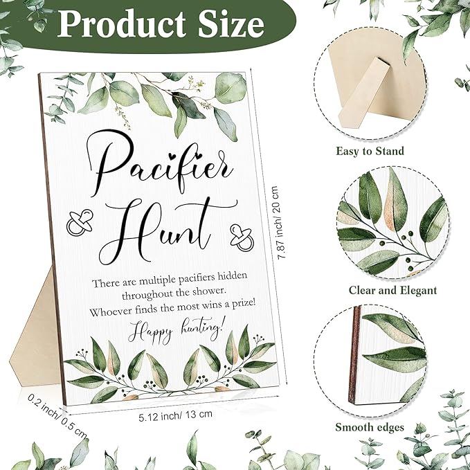 Roowest 51 Pcs Pacifier Hunt Baby Shower Games Include Wooden Hunt Sign and 50 Acrylic Mini Plastic Pacifiers for Baby Shower Game Decoration Gift Sets Gender Reveal Party Supplies