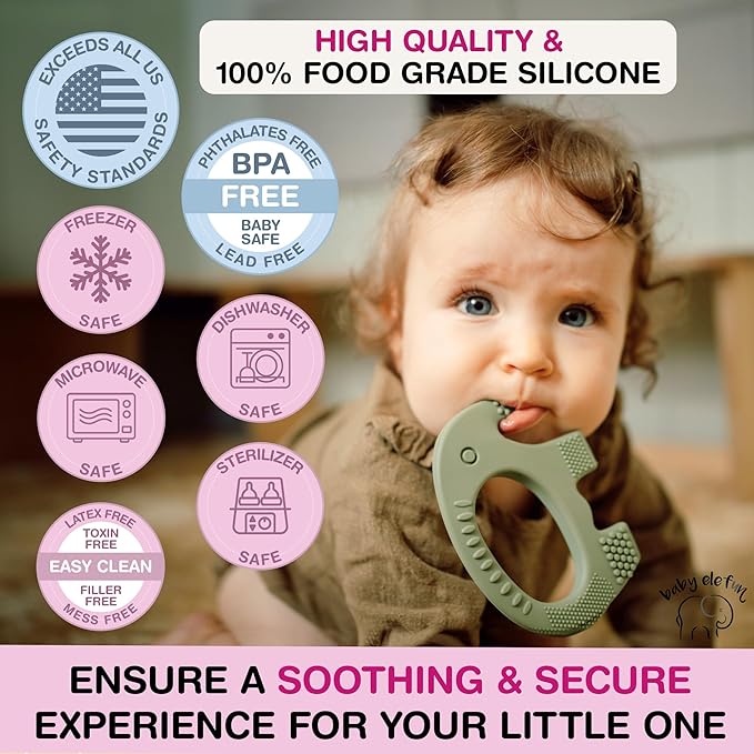 Baby Elefun Baby Teething Toys 5X Pain Relief Zero Delay 6-12 Months Olive