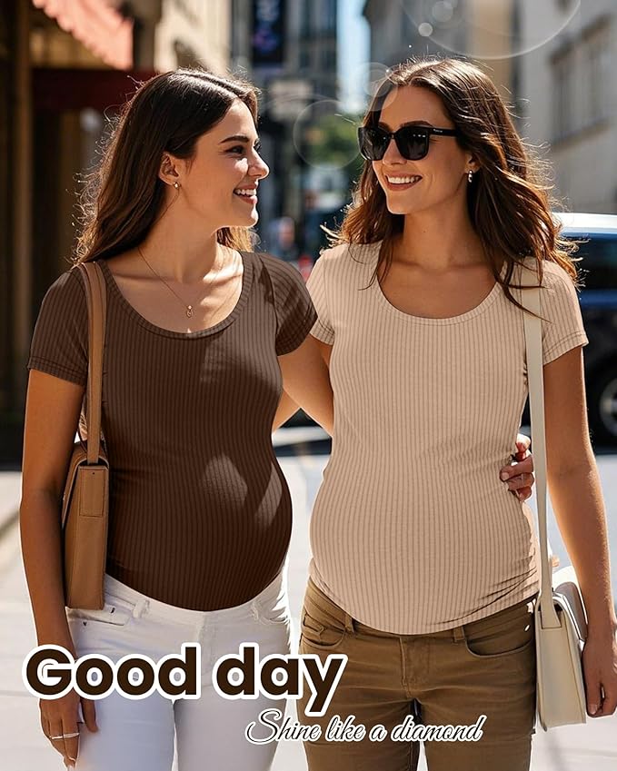 Neer 3 Pack Women's Ribbed Maternity Tops Pregnancy Round Neck Shirts Short Sleeve Soft Maternity Clothes for Mama