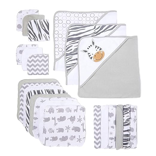 Spasilk 23-Piece Soft Terry Hooded Bath Towel and Washcloth Gift Set, 3 Baby Towels and 20 Baby Washcloths for Unisex Newborn Bath Essentials, Ideal, White Zebra