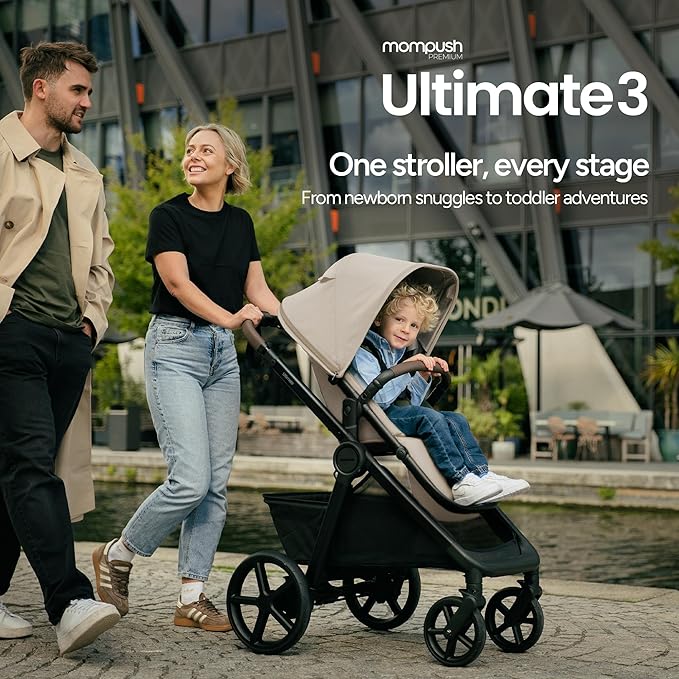 Mompush Ultimate 3 Full Size Baby Stroller with Bassinet from Newborn to 50 lbs - All-Terrain Large Wheels with Full Suspension, Reversible & Extendable Seat for Growing Kids, One-Second Compact Fold