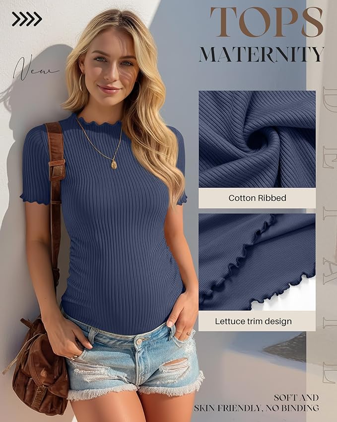 3 Pack Women's Maternity Tops Short Sleeve Ribbed Knit Maternity Shirts Crew Neck Side Ruched Pregnancy Clothes