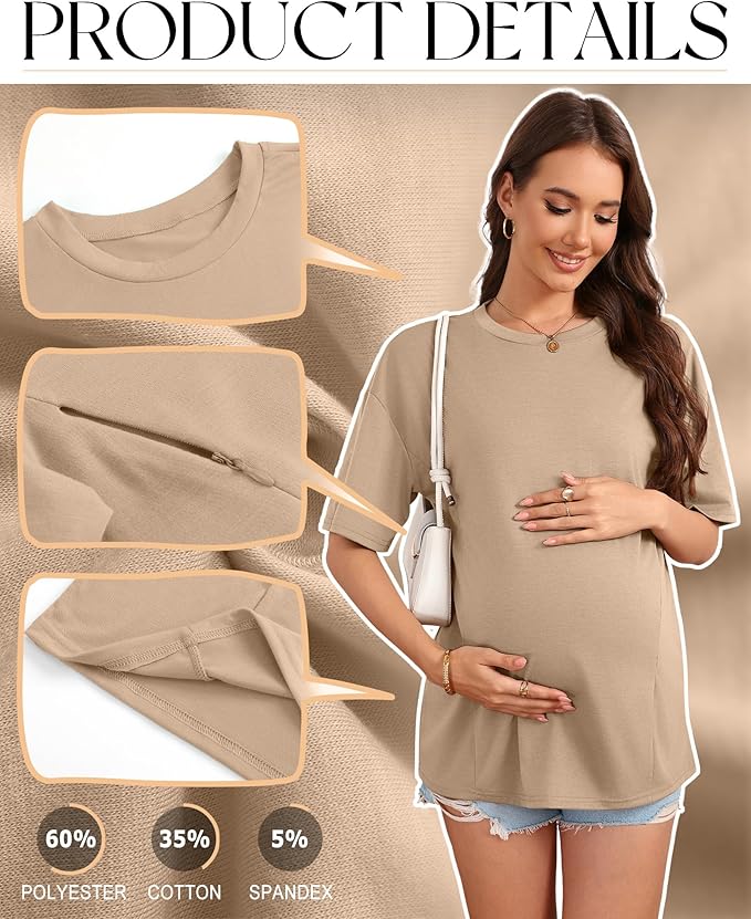3 Pack Women's Oversize Nursing Breastfeeding Shirts Hidden Zipper Short Sleeve Loose Fit Maternity Tops