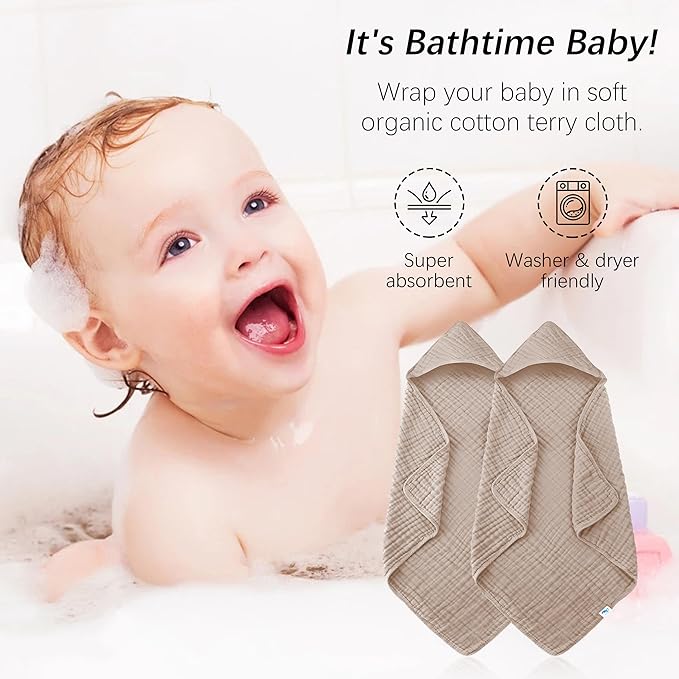 SWEET DOLPHIN Muslin Hooded Baby Bath Towels - 2 Pack 100% Cotton Towel for Babies, Infants, Toddlers - 32x32Inch - Highly Absorbent and Newborn Essential, Brown