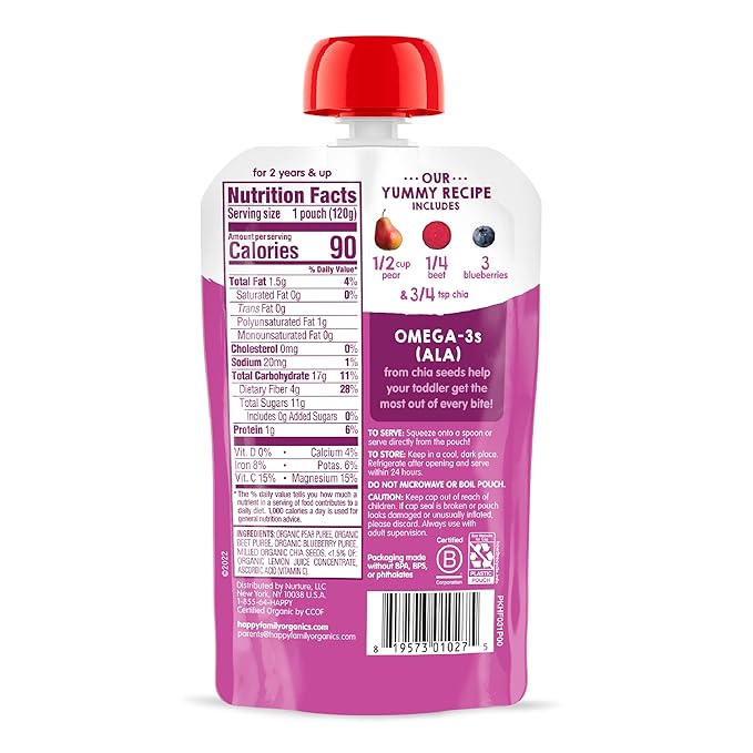 Happy Tot Organics Super Foods Stage 4, Pears, Blueberries & Beets (Pack of 16) & Stage 4 Fiber & Protein 4 Flavor Variety Pack (Pack of 16)