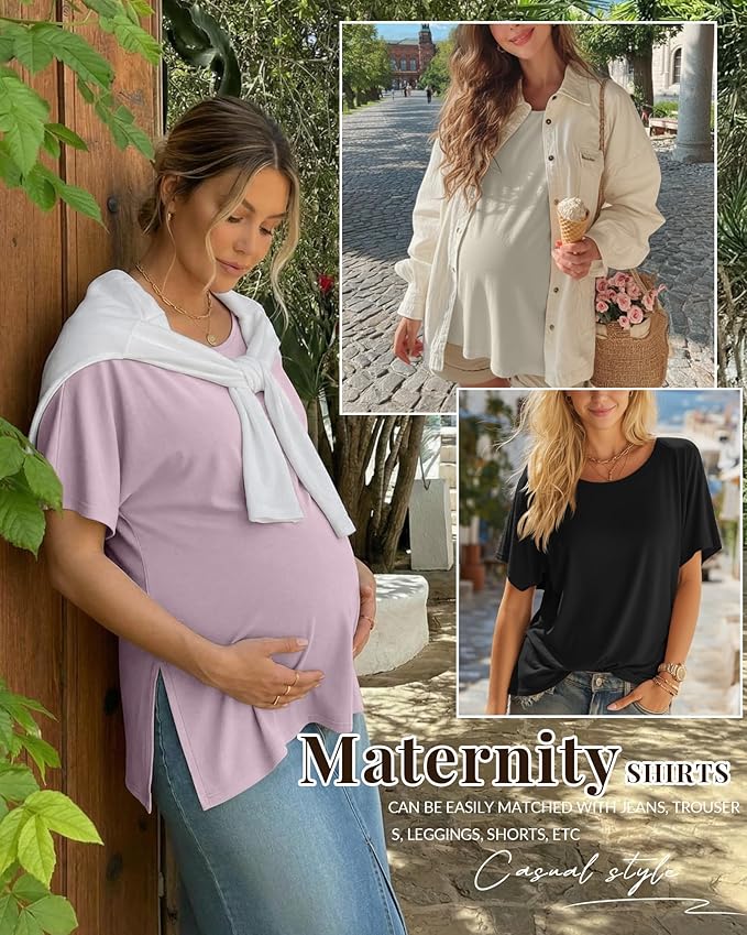 Riyiper 3 Pack Women's Maternity Tunic Shirts Cotton Summer Pregnancy Clothes Loose Oversized Split Side Blouse Tops