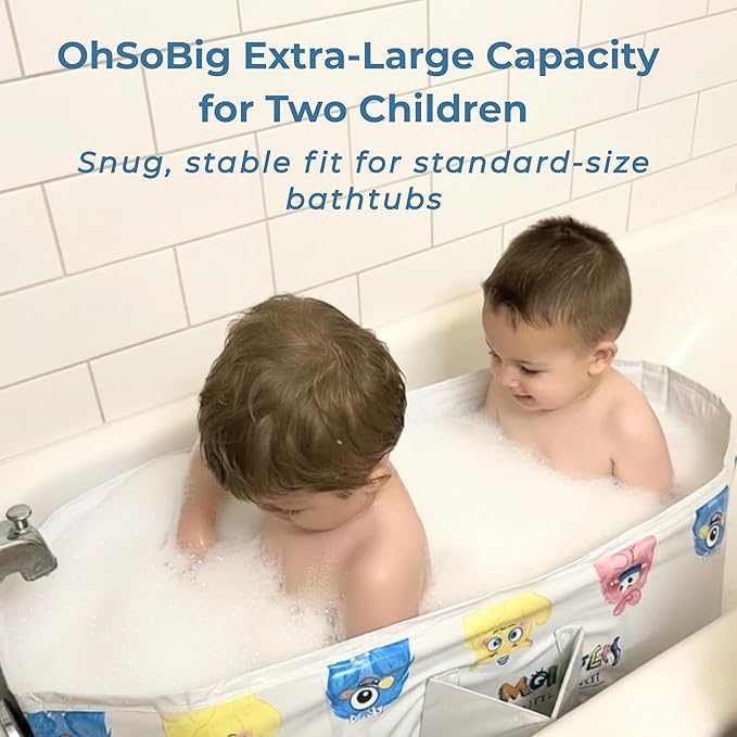 OhSoBig Collapsible Toddler Baby Bathtub - Foldable Portable Tub for Shower & Home, Non-Slip Base with Cushioned Bottom, Drain Plug, Space-Saving & Travel Bath Tub