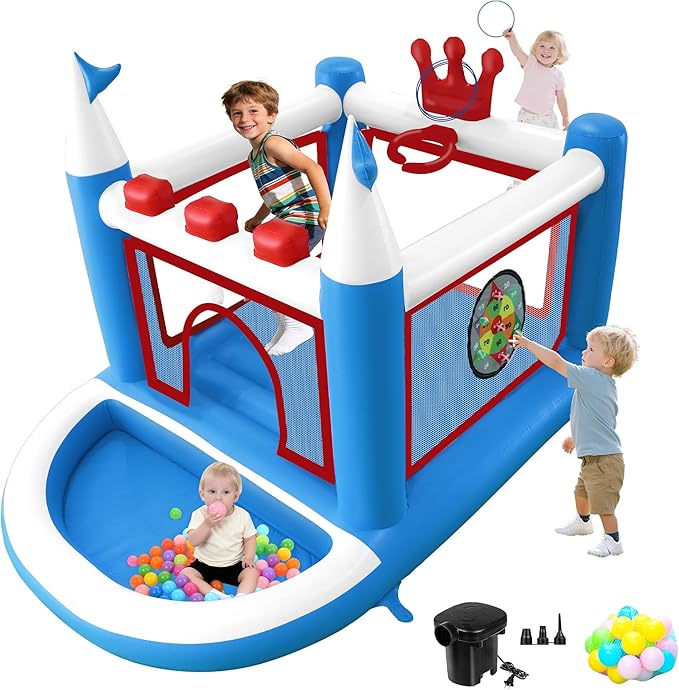 Kids Bounce House with Ball Pit, Basketball Hoop, Target Game and Ring Toss Game PVC Jumping Castle with Electric Air Pump 98”x 70”x 65” Trampoline for Ages 3-8 Indoor or Outdoor Play