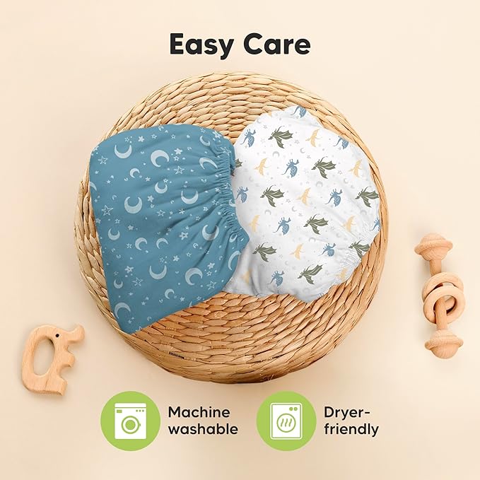 Pack and Play Sheets Fitted - 2-Pack Mini Crib Sheets for Pack N Play Mattress 38x26, Soft & Cozy, Neutral Toddler Playard Bedding, Snug Fitted Mini Baby Crib Mattress Cover Boy, Girl (Dragon Tale)