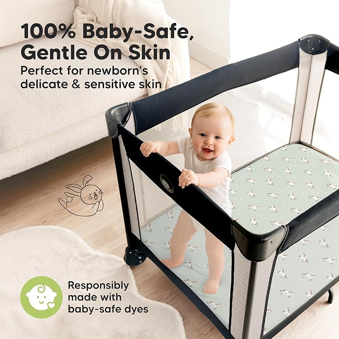 Pack and Play Sheets Fitted - 2-Pack Mini Crib Sheets for Pack N Play Mattress 38x26, Soft & Cozy, Neutral Toddler Playard Bedding, Snug Fitted Mini Baby Crib Mattress Cover Boy, Girl (Lune Mystic)