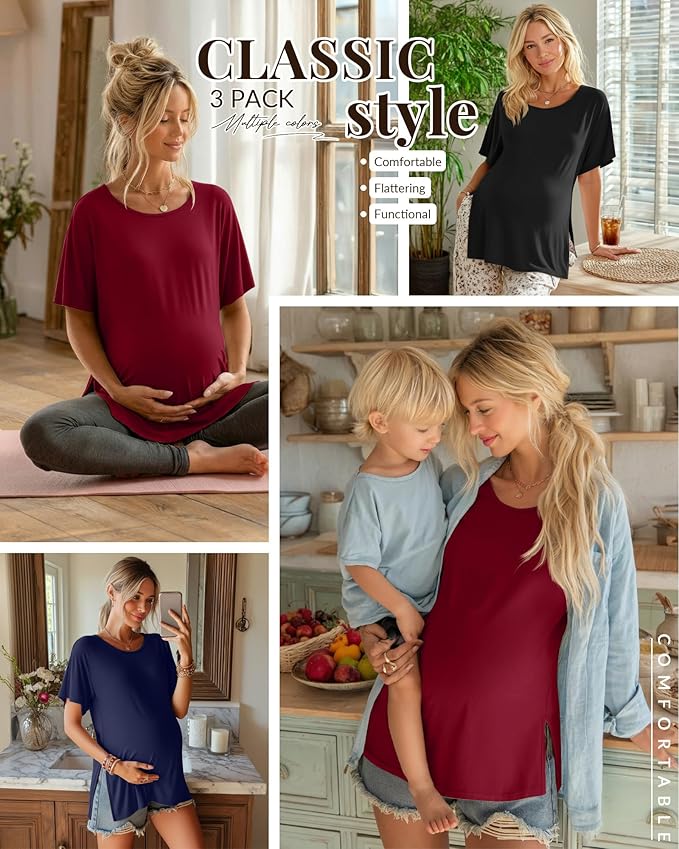 Riyiper 3 Pack Women's Maternity Tunic Shirts Cotton Summer Pregnancy Clothes Loose Oversized Split Side Blouse Tops