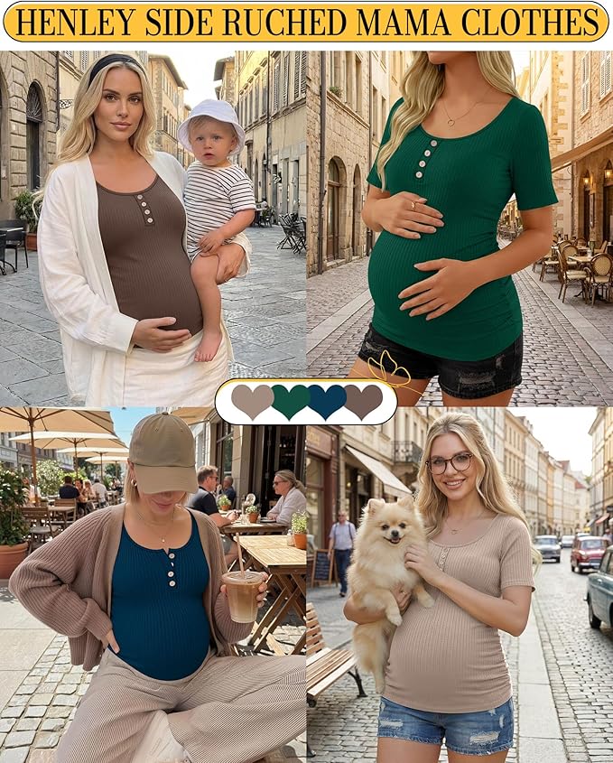 4 Pack Womens Maternity Shirts Scoop Neck Cotton Short Sleeve Ribbed Pregnancy Top Henley Side Ruched Mama Clothes
