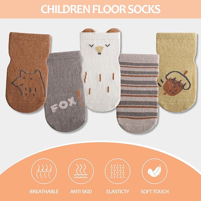 TRUEHAN 5 Pairs Toddler Non Slip Socks with Grips Baby Socks for Kids Girls Boys