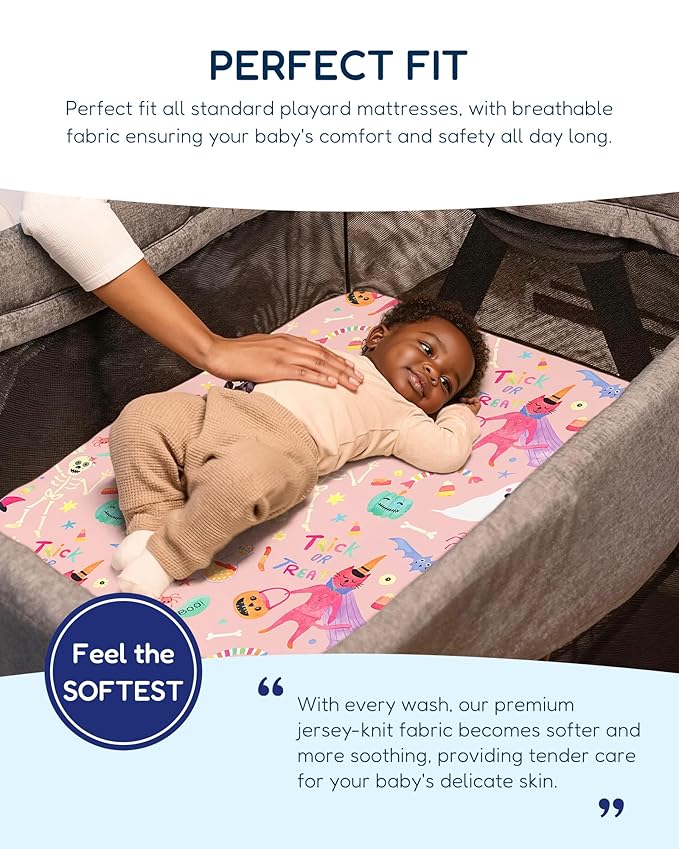 Halloween Mini Crib Sheets Fits Standard Size 39" X 27" Playpen Mattress, Premium Soft Pink Pumpkin Pack and Play Sheets Fitted Neutral, 2-Pack Playard Sheets, Boo, Trick or Treat