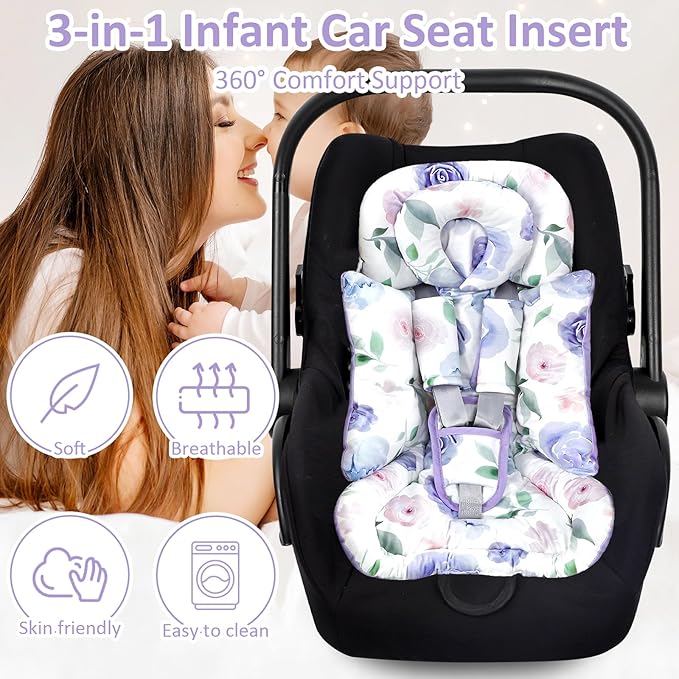 TANOFAR Infant Car Seat Insert with Removable Cushion for Baby Girls, Reversible Newborn Carseat Insert for Baby Head Body Support, Fits for Stroller, Baby Swing, Bouncer (Purple Flower)