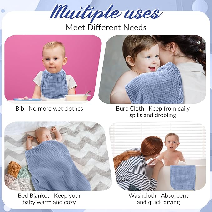 6 Pcs Muslin Hooded Bath Towels Washcloths and Bibs Set, Muslin Cotton Baby Towels Absorbent Hooded Blanket Towel Infant Bibs for Boys Girls Newborn Infant Essential(Dark Blue, Light Blue)