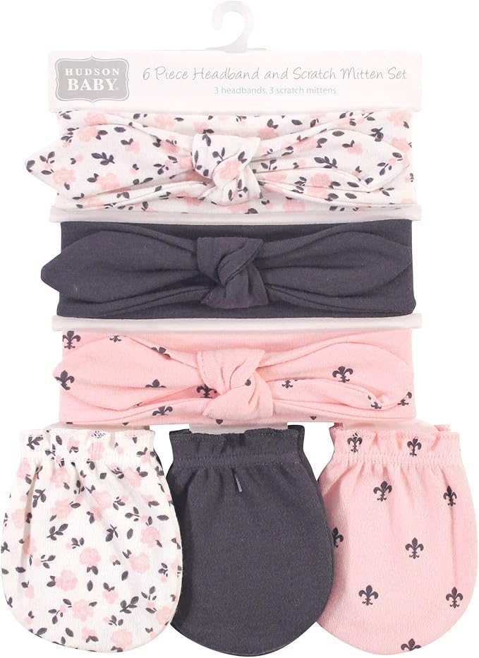 Hudson Baby baby-girls Cotton Headband and Scratch Mitten Set