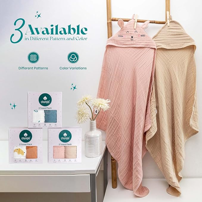 Chungie Soft Muslin Hooded Baby Towels 32x32 inches – 100% Cotton, 6-Layer Breathable Newborn Bath Towels with Hood, Pack of 2 (Printed + Embroidered)
